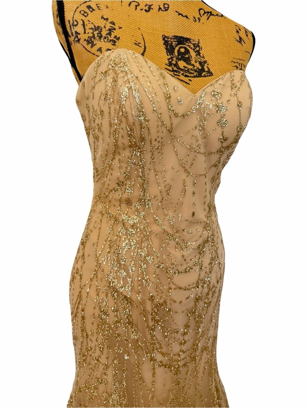 Ellie Wilde Mon Cheri Strapless Gold Glitter Mermaid Prom Gown Ball Formal 8